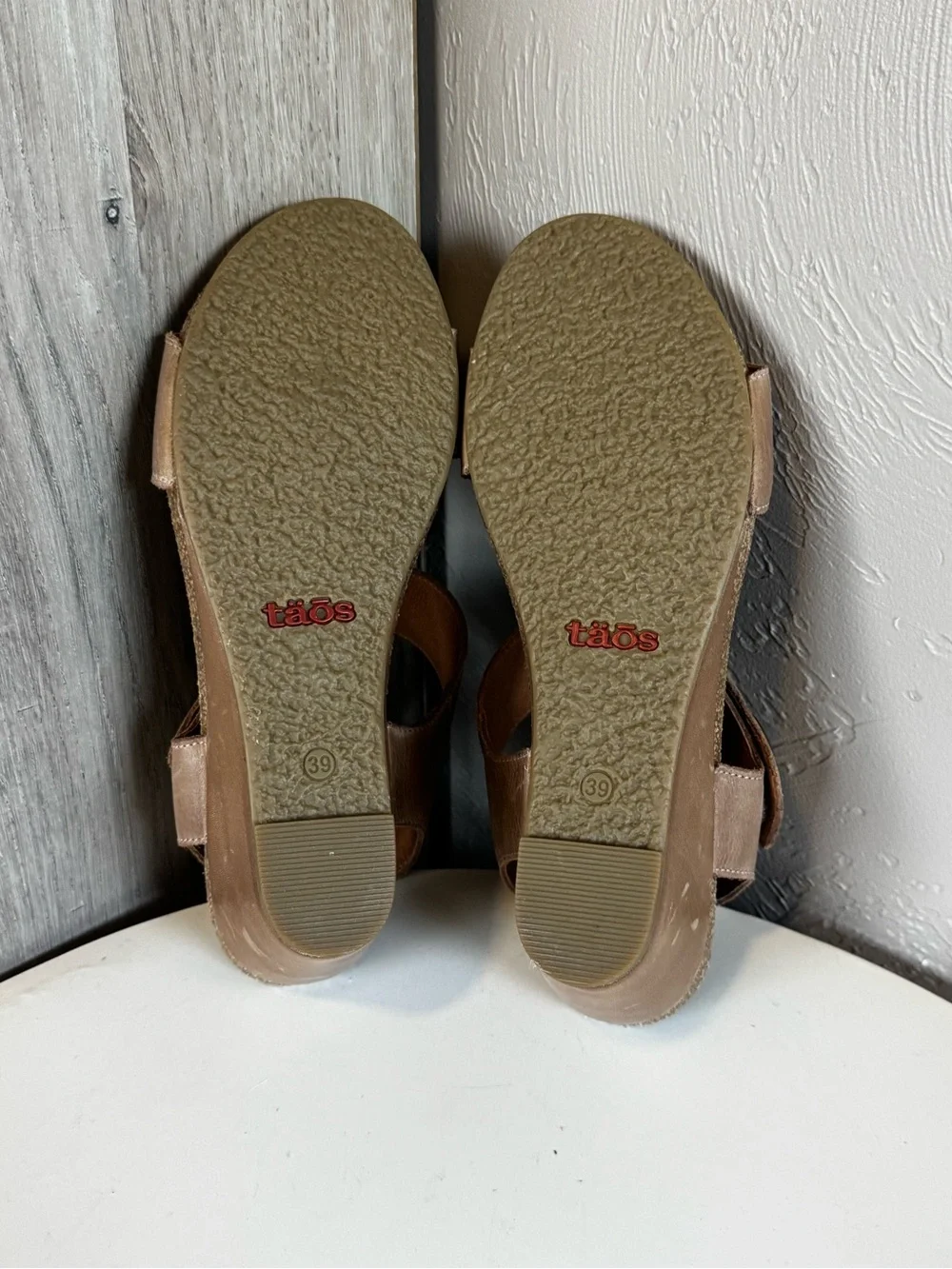 Taos Women's Tan Wedge Sandals with Decorative Button Accent